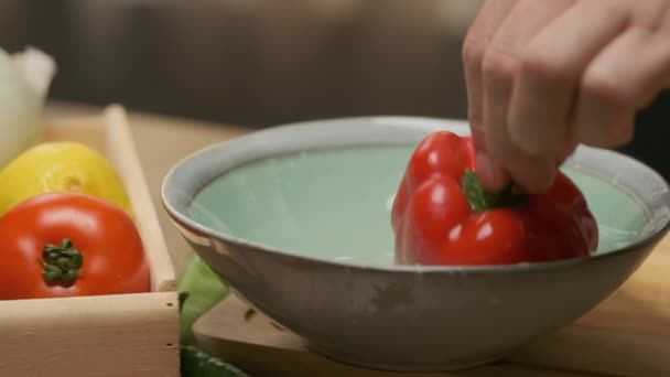 Professional Chef Prepares Cuts Red Bell Pepper Close Slow Motion — Vídeos de Stock