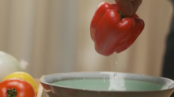 Professional Chef Prepares Cuts Red Bell Pepper Close Slow Motion — 图库视频影像