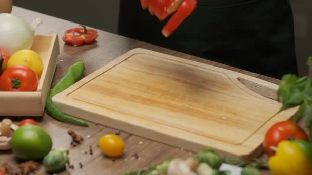 Professional Chef Prepares Cuts Red Bell Pepper Close Slow Motion — Vídeo de Stock