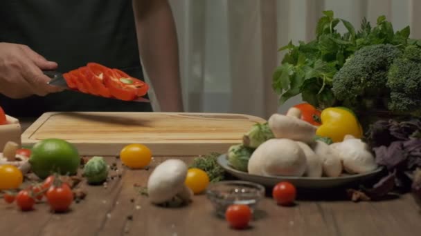 Professional Chef Prepares Cuts Red Bell Pepper Close Slow Motion — Stockvideo