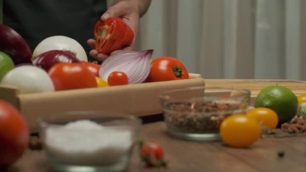 Professional Chef Prepares Cuts Red Bell Pepper Close Slow Motion — Stockvideo