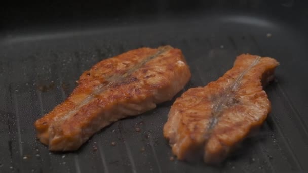 Close Professional Chef Grilling Red Fish Fillet Steak Slow Motion — Stock Video