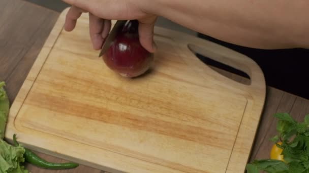 Professional Chef Prepares Cuts Red Onion Close Slow Motion — Stock Video