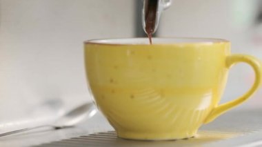 Barista makes coffee on a coffee machine, slow motion close-up.