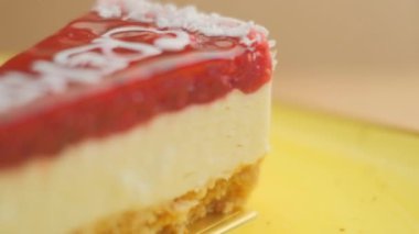 Slow motion close-up shooting of sweet berry and fruit brand desserts
