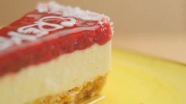 Slow motion close-up shooting of sweet berry and fruit brand desserts