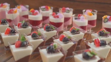 Slow motion close-up shooting of sweet berry and fruit brand desserts