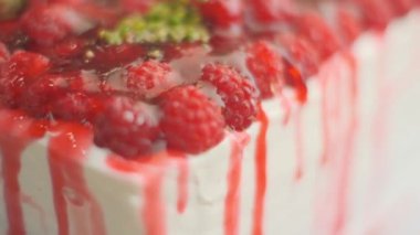 Slow motion close-up shooting of sweet berry and fruit brand desserts