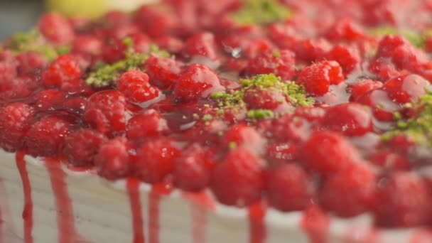 Slow Motion Close Shooting Sweet Berry Fruit Brand Desserts — Stockvideo