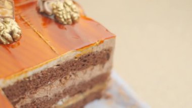 Slow motion close-up shooting of sweet berry and fruit brand desserts