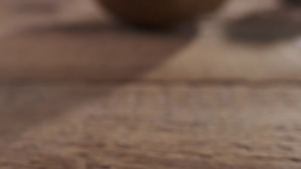 Coconut Chips Falling Wooden Bowl Close Slow Motion — Vídeo de Stock