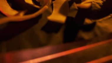 Coconut chips on a dark table close-up. Black background, slow motion.