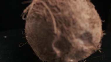 Coconut spinning on a black background, slow motion