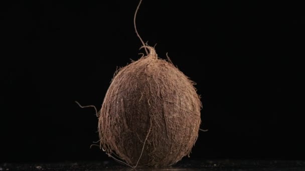 Coconut Spinning Black Background Slow Motion — Vídeo de stock