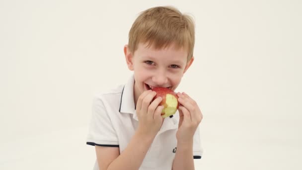 Little Boy White Polo Missing Some Teeth Eats Red Apple — Stock Video