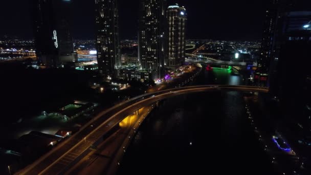 Drone Volo Dubai Illuminato Notte Vista Aerea — Video Stock