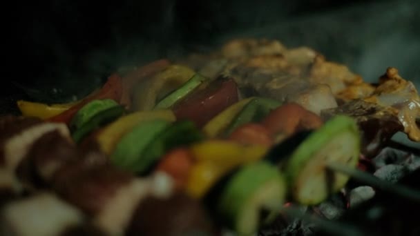 燻製の東ロースト肉シャリクと野菜のグリル — ストック動画