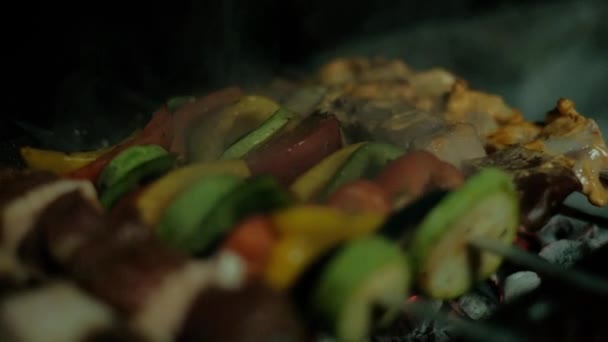 Smokin Oriental Assado Shaslik Carne Legumes Grelha — Vídeo de Stock