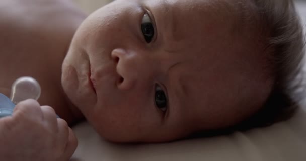 Uma Cara Bebé Recém Nascida Bebê Segura Chupeta Sua Mão — Vídeo de Stock