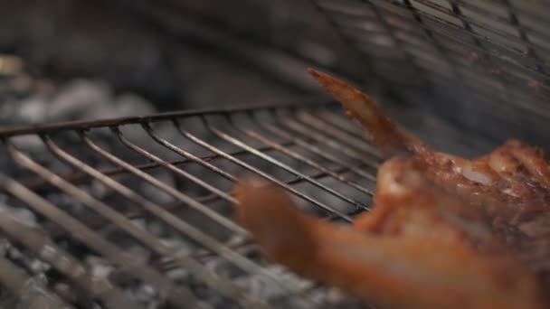 肉烤肉 把鸡汤放在烤架上慢动作 — 图库视频影像