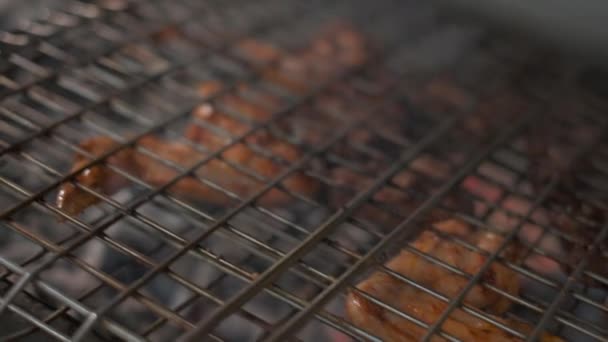 Fleischgrillen Hühnerschenkel Auf Grillrost Zeitlupe — Stockvideo