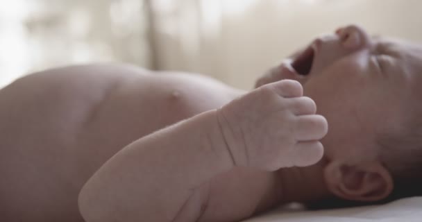 Újszülött Meztelen Kisfiú Hátán Fekszik Fehér Lepedőn Beltéri Felvétel Közelkép — Stock videók