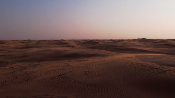 Drohnenflug Über Wüstensanddünen Bei Sonnenuntergang Luftaufnahme — Stockvideo