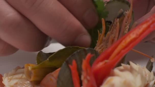 レモンスライス 頭で魚をカットし 黒の正方形のプレート上に赤魚のスライスの異なる種類の寿司の装飾に石灰を置きます — ストック動画
