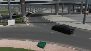 Drone, palmiye ağaçlarıyla çevrili yolda arabanın hareketini vuruyor.