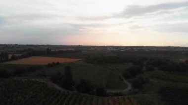 Drone gün batımına doğru meyve ve üzüm bahçelerinin ve tarlaların üzerinde yavaşça uçar..