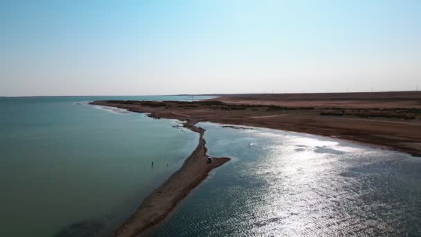 Drone Flies Fishermen Shore Lake Dry Steppe — Stock Video