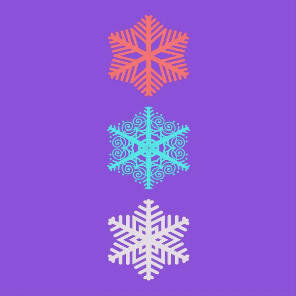 Trois Flocons Neige Couleurs Différentes Sur Fond Violet — Image vectorielle