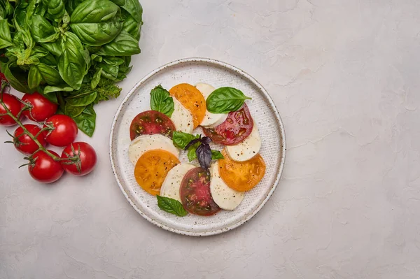 Salade caprese avec tomates rouges, basilic frais et fromage mozzarella — Photo