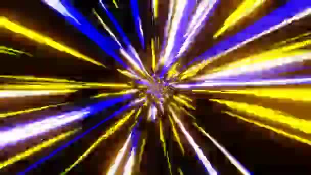 Pętla VJ niebieskie, żółte i białe promienie pulsujące lub wiązki z centrum jak lasery, efekt warp kolor błysku — Wideo stockowe