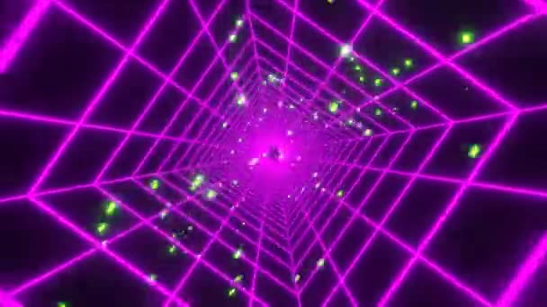 Obracający się kwadratowy tunel przecinających się fioletowych linii i opadających cząstek zielonej kropli — Wideo stockowe
