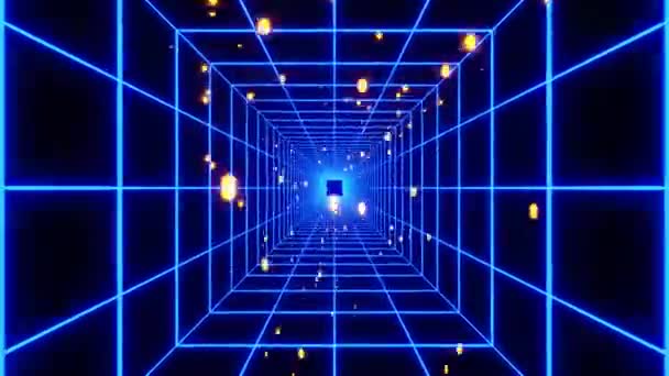 Tunnel quadrato di linee al neon blu e caduta di particelle di goccia gialle e oscurità alla fine — Video Stock