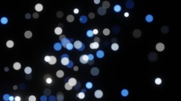 Gráfico en movimiento 3D de las brillantes partículas de confeti desenfocadas de luz azul y blanca circular bokeh — Vídeos de Stock
