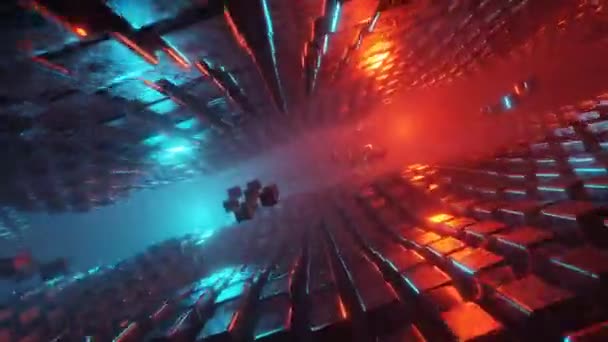 Schleife nahtlose Bewegung abstrakter Tunnel zwischen zwei Wellenbiegeebenen reflektierenden Würfelblöcken in neonrotem Cyan-Licht. — Stockvideo