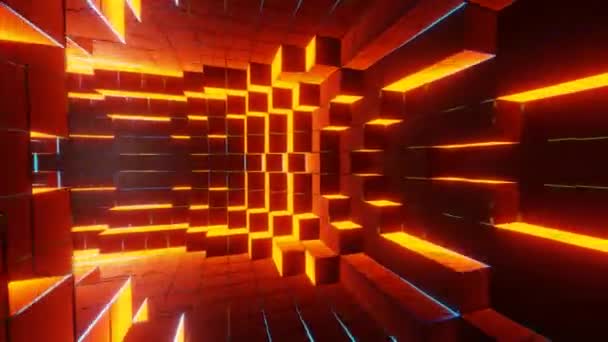Volar abstracto en corredor futurista o túnel, cubos brillantes de neón naranja, 3d render, bucle sin costuras — Vídeos de Stock