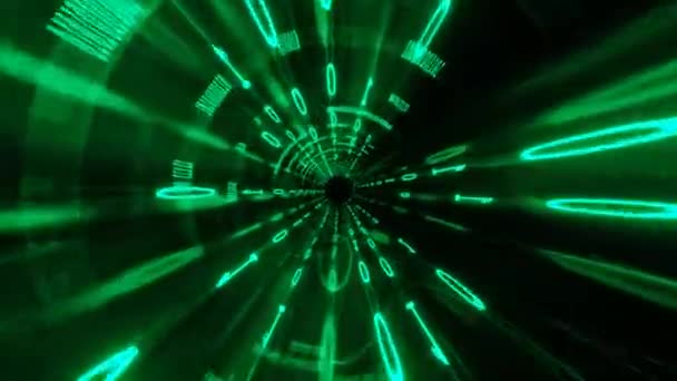 Неоновый вращающийся зеленый бинарный туннель с доступом к черному пространству. График движения 4k — стоковое видео
