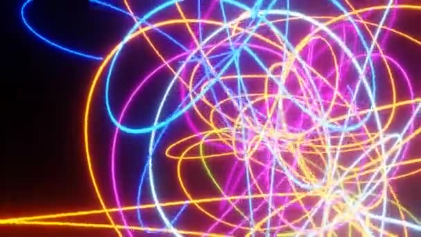 Abstraktní animace pohyblivých a rotačních neonových pruhů nebo nití na černém pozadí — Stock video