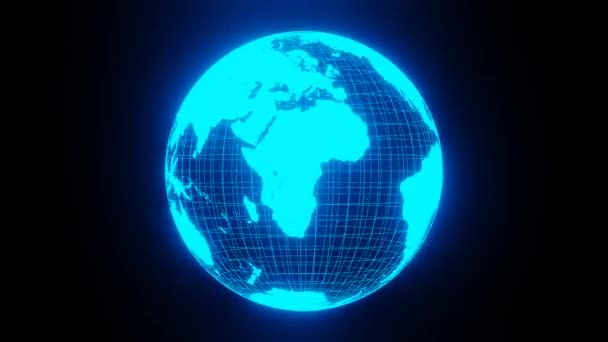 Hologram van draaiende neon blauwe draden planeet Aarde. 3d globe animatie op zwarte achtergrond — Stockvideo