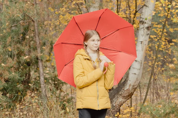 秋の公園で傘を持って 回転させ 傘を持っている若い女性 黄色の10月の公園で秋の散歩 — ストック写真