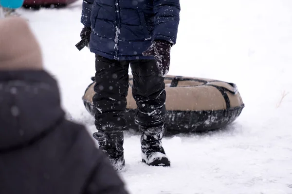 Little Pretty Boy Dark Overalls Slides Ice Slide Winter Children — Stock Photo, Image