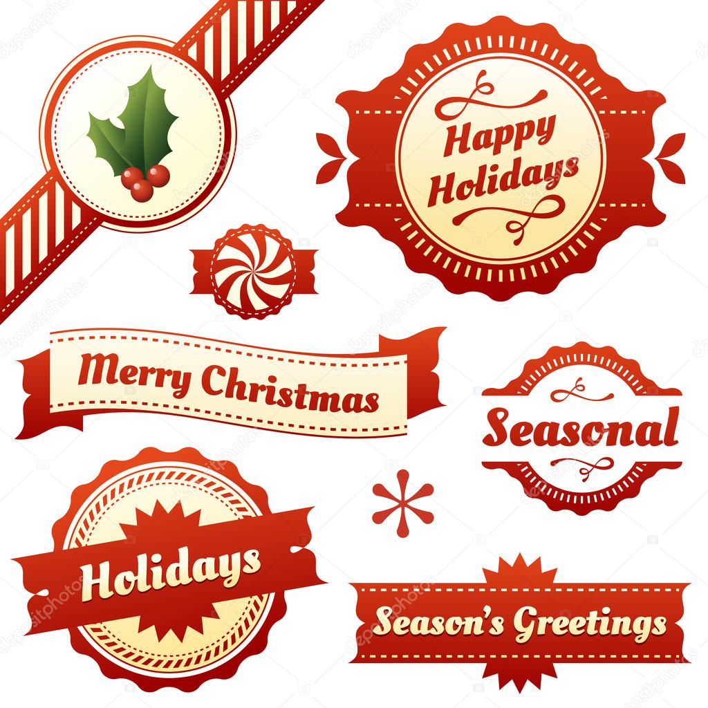 Set of high quality, unique design elements for seasonal holidays like Christmas. Includes corner ribbon with holly leaf, Seasons Greetings banner, Seasonal stamp, Happy Holidays label, Holidays emblem, peppermint, and Merry Christmas banner.