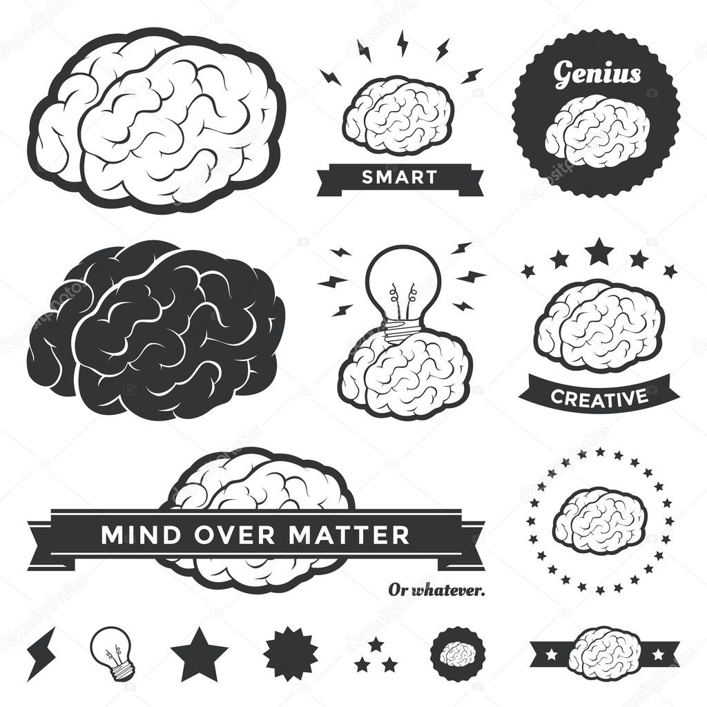 Vector illustration of various brain designs and badges. Contains an outlined brain graphic, a solid black brain, 