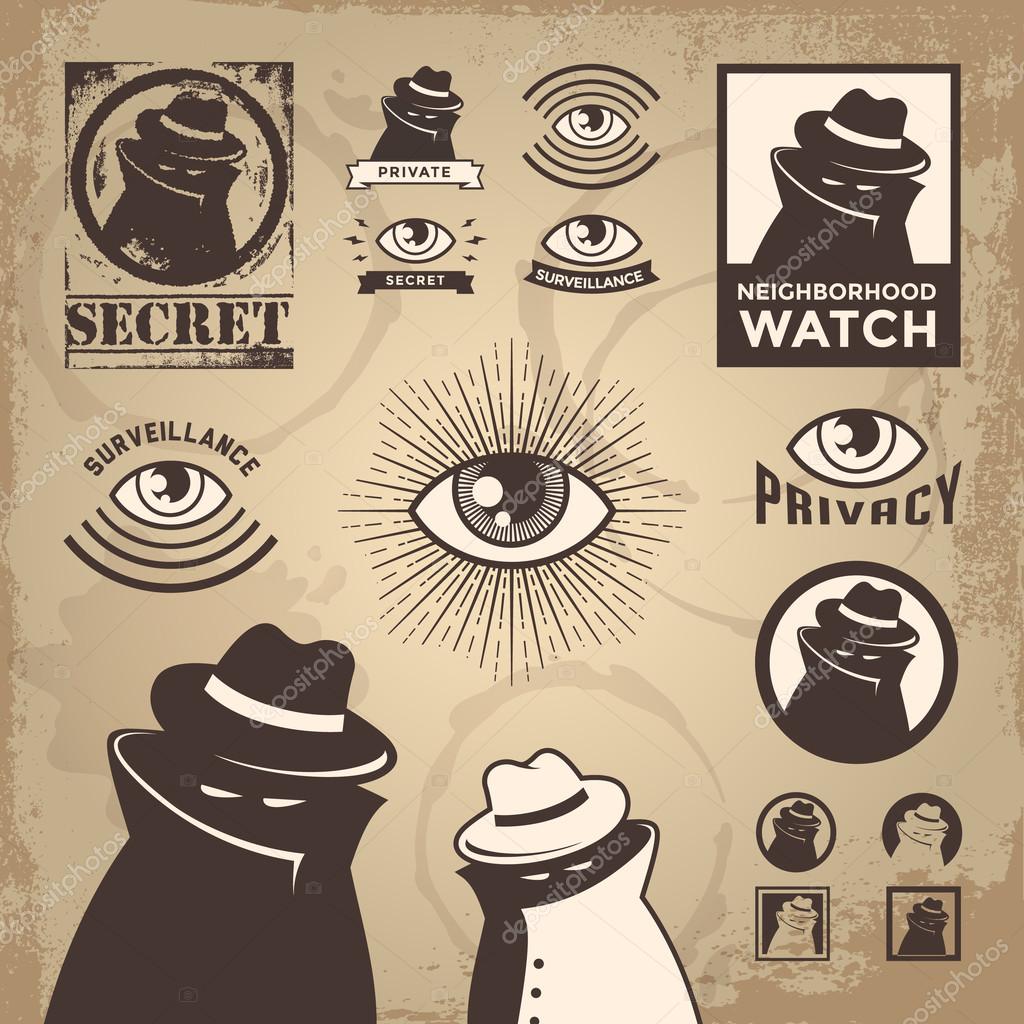 Vector Illustration of a sketchy criminal, secret spy, government surveillance, private detective, and undercover spy investigation. Secret stamp. Neighborhood watch sign with robber. Surveillance eye icons designs. These icon and graphic elements ar