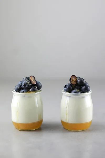 Panna cotta dolce fatta in casa italiana con gelatina di frutta, bacche blu fresche e miele su sfondo grigio. Copia spazio — Foto Stock