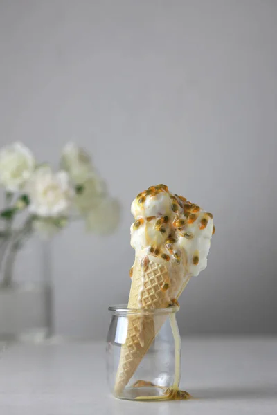 Vanilla Ice Cream Passion Fruit Icecrean Cone Gray Background Copy — Stock Photo, Image