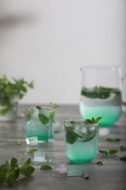 Bir bardak nane yaprağı ve buz küplü soğuk su. Boşluğu kopyala